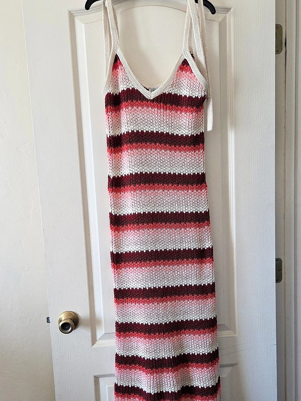 Zara Striped Crochet Knit Midi Dress Pink & White Size Medium